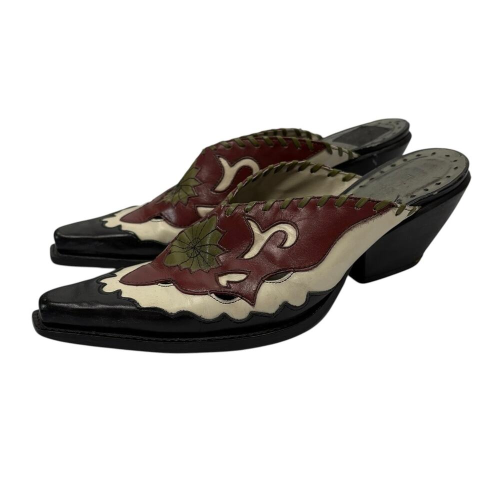 Vintage Y2K BCBGirls Tooled Leather Multicolor Cowboy Western Mules 6.5
